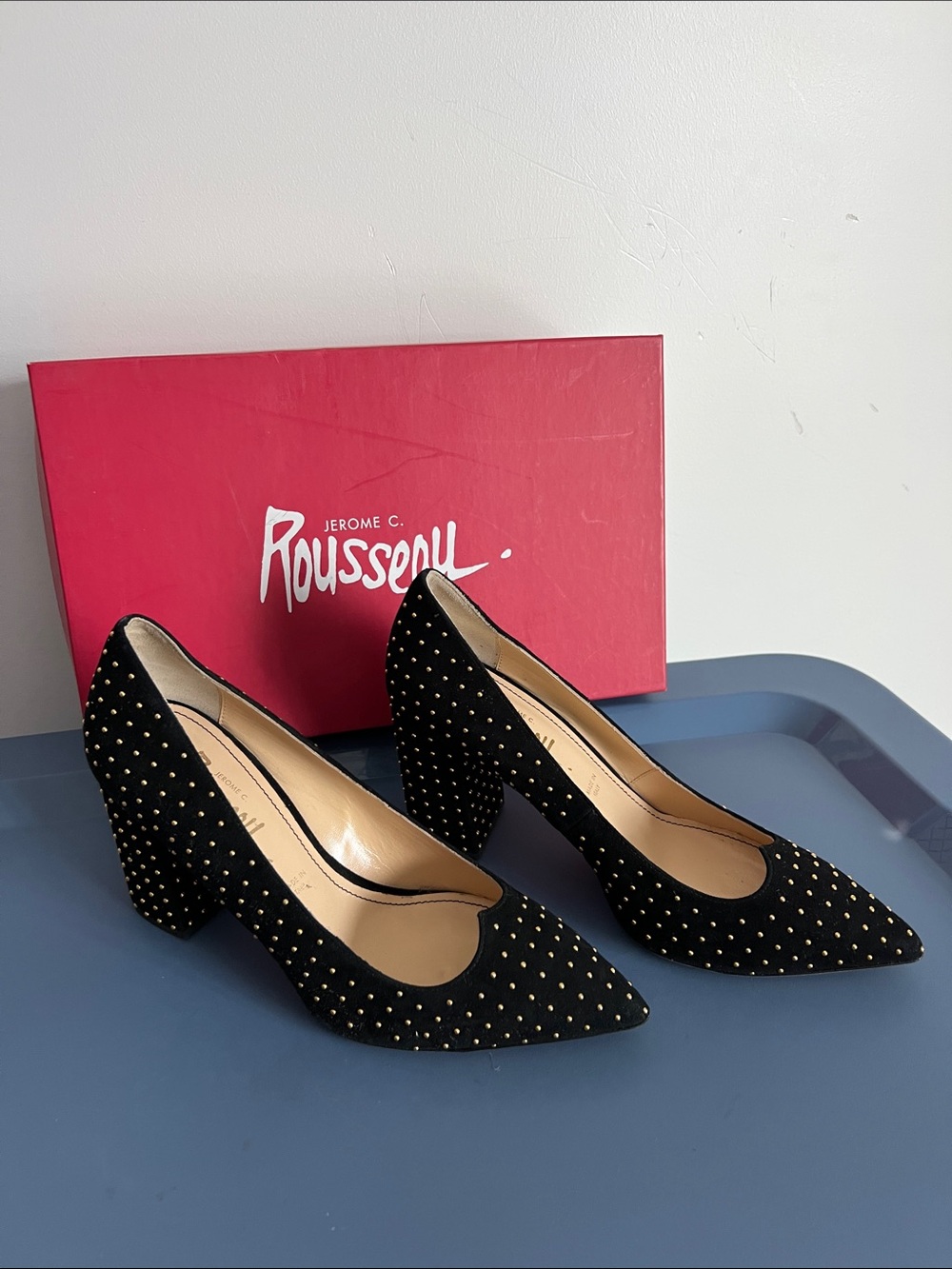 Jerome C. Rousseau cannelle gold tone studs pointed toe black suede block heels